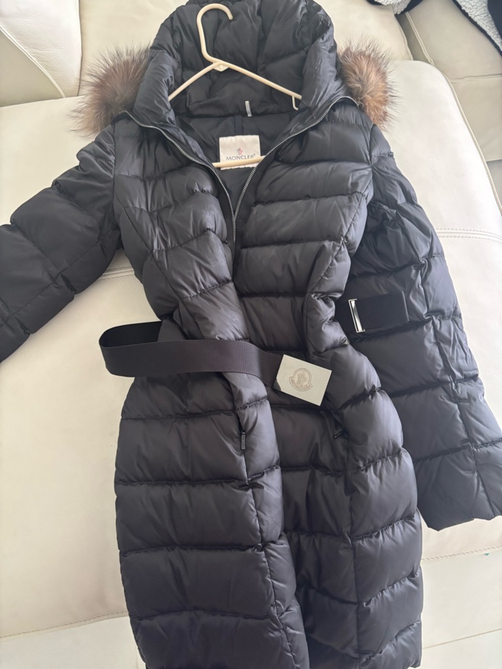 Moncler Black Quilted Down Belted Puffer Coat with Fur-Trim Hood